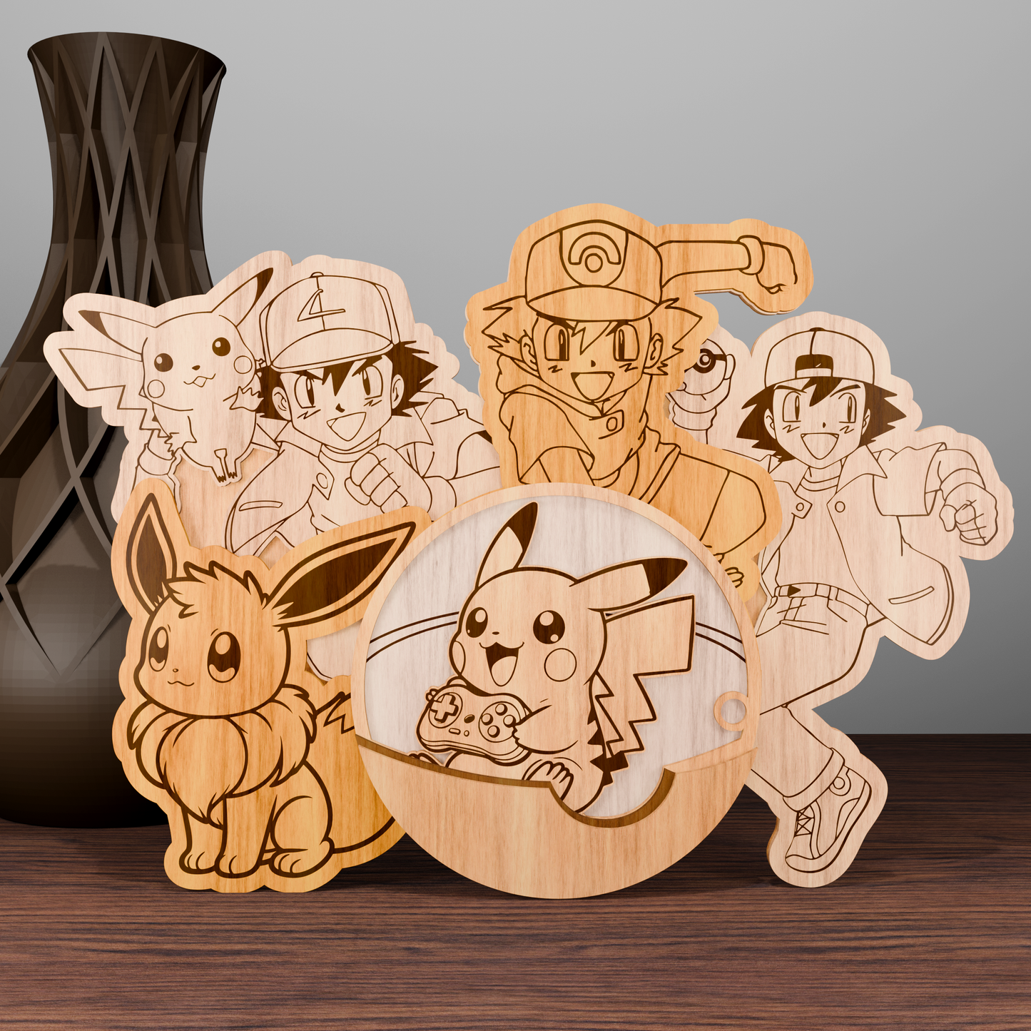Anime Gamer Pikachu & Friends Multilayer SVG – Cute Pokemon-Inspired Laser Cut File for Wall Decor, Kids Room, Otaku Gift