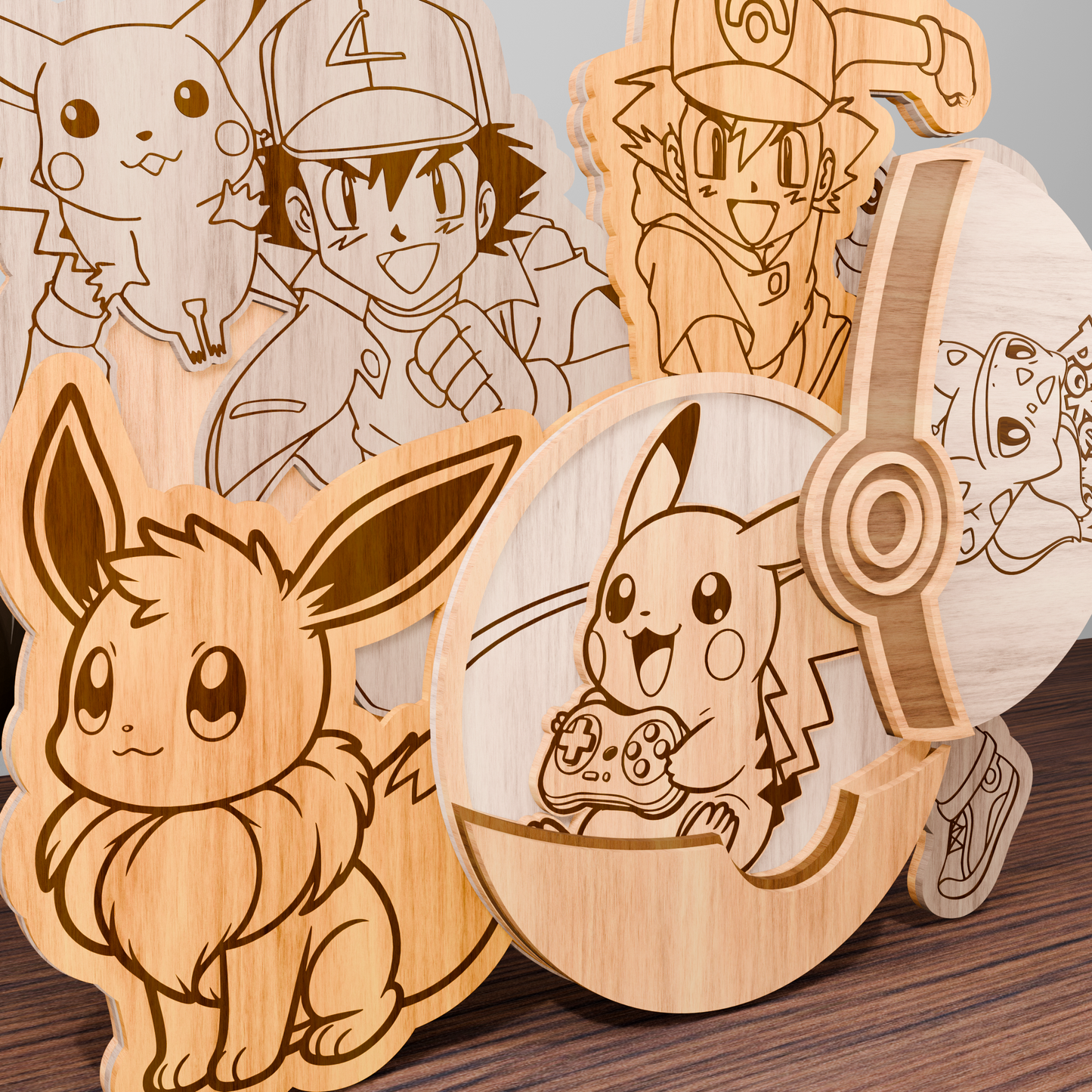 Anime Gamer Pikachu & Friends Multilayer SVG – Cute Pokemon-Inspired Laser Cut File for Wall Decor, Kids Room, Otaku Gift