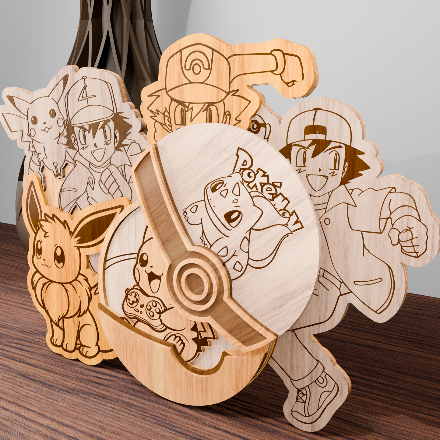 Anime Gamer Pikachu & Friends Multilayer SVG – Cute Pokemon-Inspired Laser Cut File for Wall Decor, Kids Room, Otaku Gift