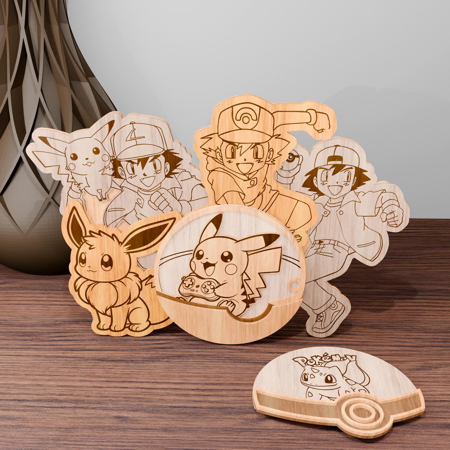 Anime Gamer Pikachu & Friends Multilayer SVG – Cute Pokemon-Inspired Laser Cut File for Wall Decor, Kids Room, Otaku Gift