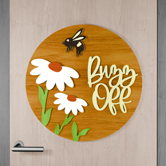 Buzz Off Daisy Bee Sign, Round door hanger svg, Spring welcome sign, Glowforge laser cut file, Cricut cut file, Funny door sign svg
