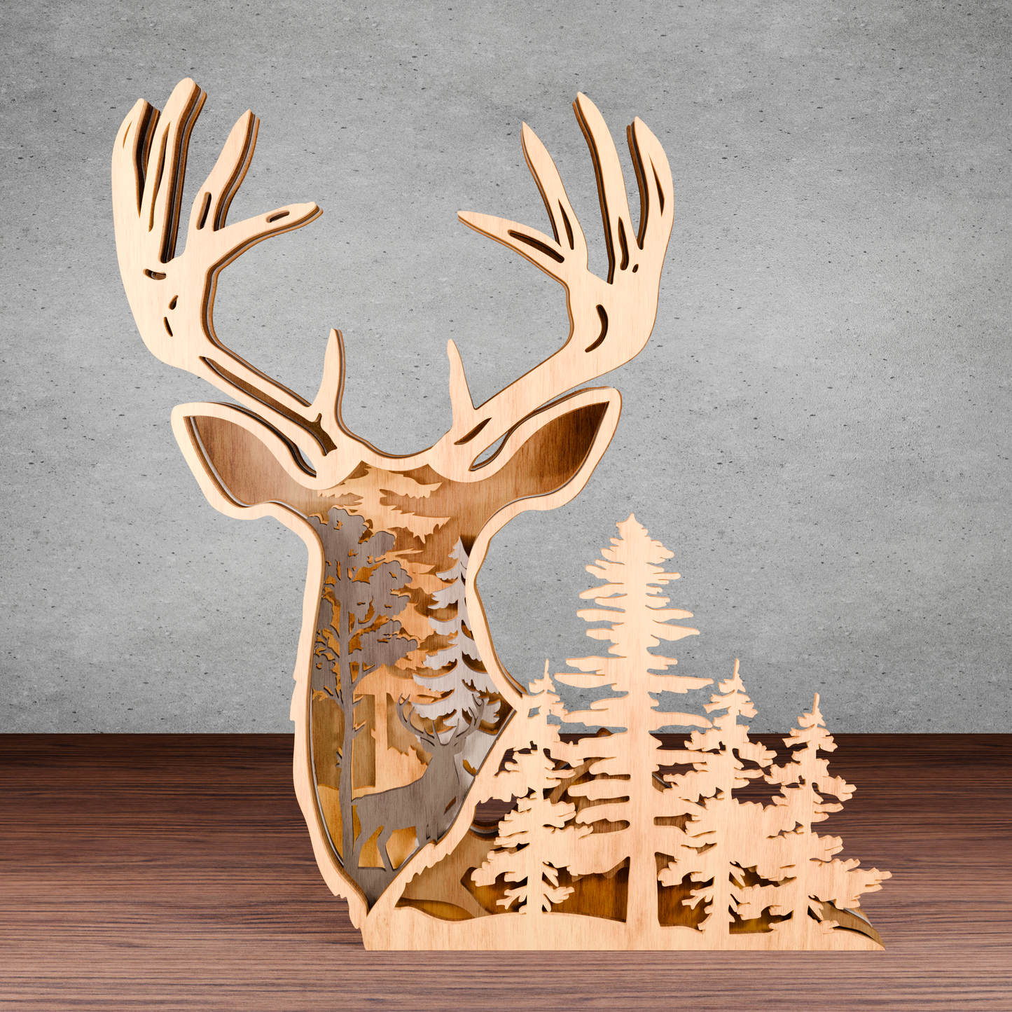 Deer Head Forest Scene Multilayer SVG – 3D Layered Laser Cut Wood Decor for Hunters, Rustic Cabin Wall Art, Woodland Gift