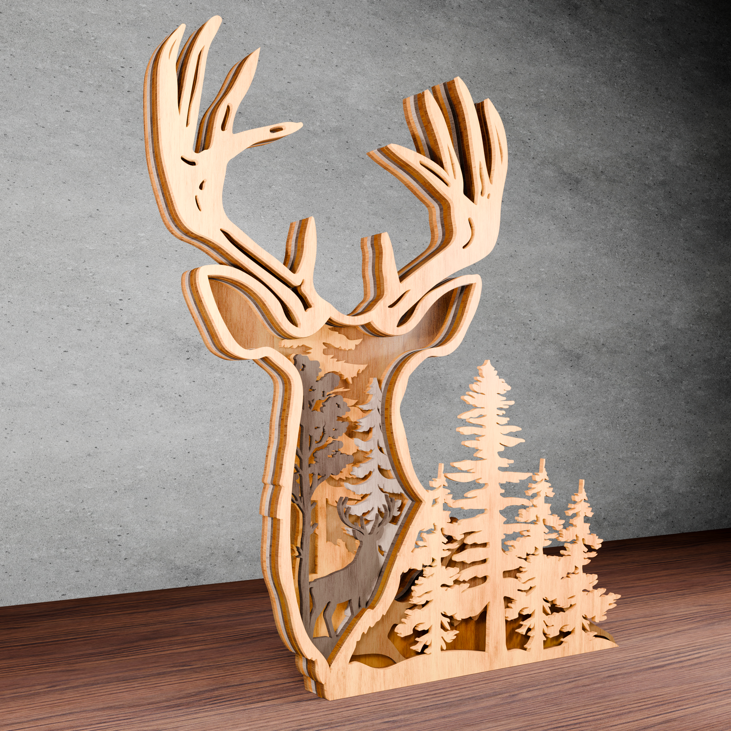 Deer Head Forest Scene Multilayer SVG – 3D Layered Laser Cut Wood Decor for Hunters, Rustic Cabin Wall Art, Woodland Gift