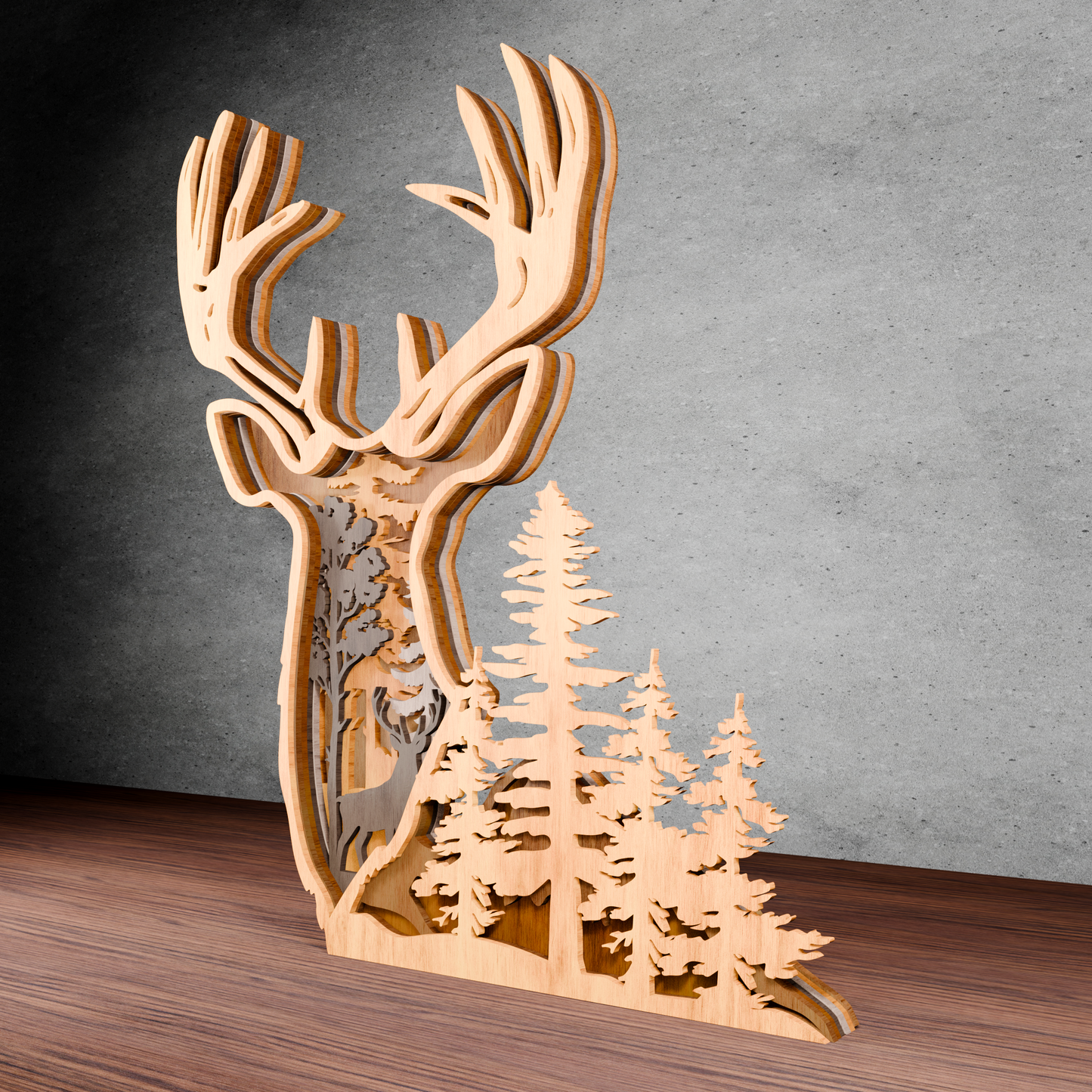 Deer Head Forest Scene Multilayer SVG – 3D Layered Laser Cut Wood Decor for Hunters, Rustic Cabin Wall Art, Woodland Gift