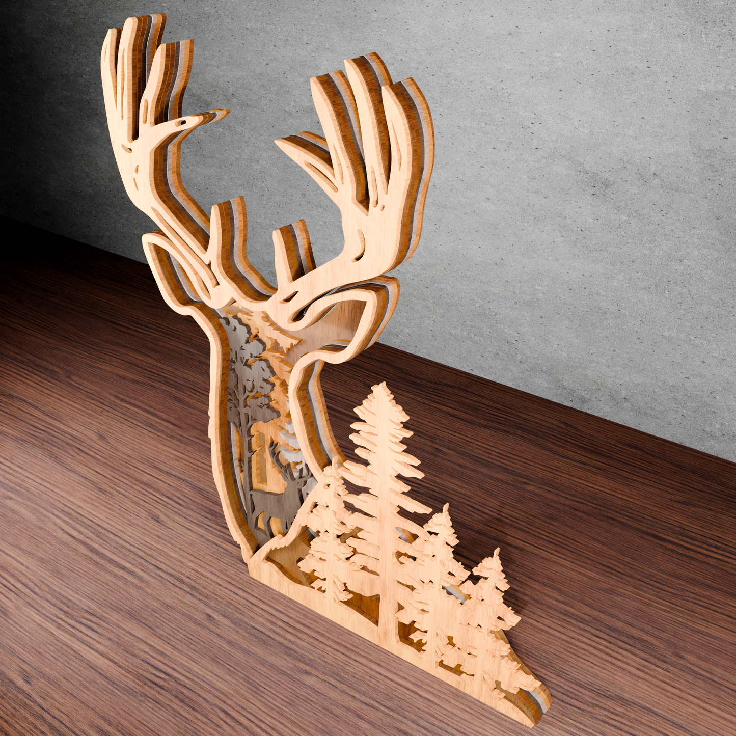 Deer Head Forest Scene Multilayer SVG – 3D Layered Laser Cut Wood Decor for Hunters, Rustic Cabin Wall Art, Woodland Gift