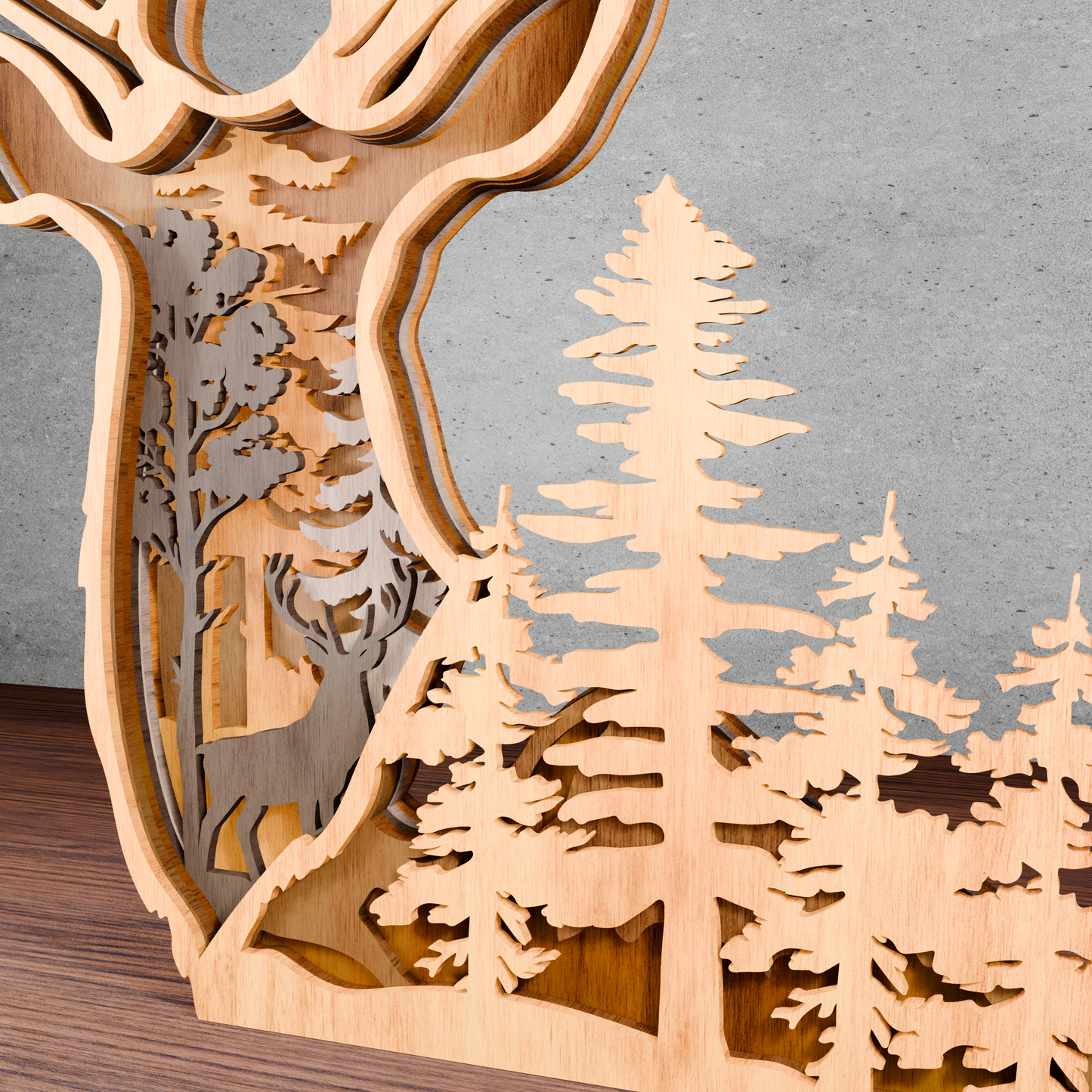 Deer Head Forest Scene Multilayer SVG – 3D Layered Laser Cut Wood Decor for Hunters, Rustic Cabin Wall Art, Woodland Gift