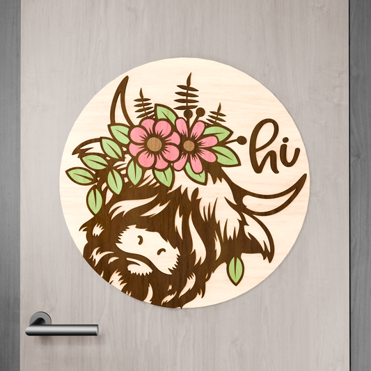 Highland Cow Door Hanger SVG - Sunflower SVG - Welcome Sign SVG - Laser Cut Files - Cow Svg- Floral Door Sign Svg - Glowforge Files