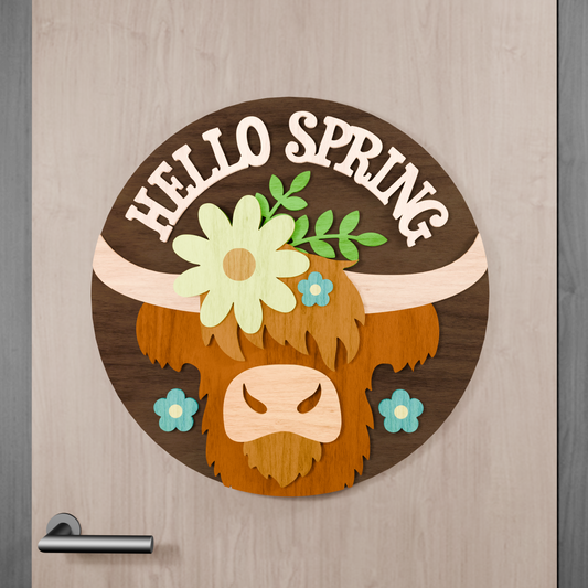 Hello Spring Highland Cow Sign, DIGITAL download, Round door hanger svg, Glowforge laser file, Cricut, Farm decor, Spring floral svg