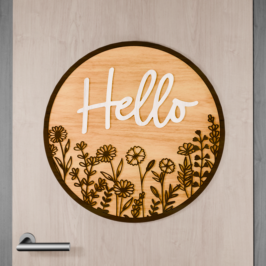 Hello Wildflower Round, Digital download, Round door hanger svg, Glowforge laser file, Cricut cut file, Floral welcome sign, Summer decor